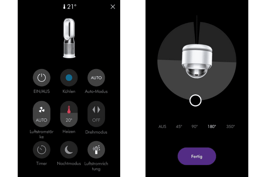 Das Steuerungs Interface der Dyson Link App mit allen Funktionen zur Steuerung und die Winkeleinstellung des Dyson Luftreinigers